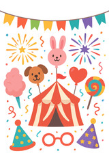 Circus themed birthday illustration with balloons, candy, and animal characters in festive style.