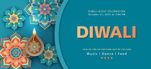 Diwali Rangoli Paper Cut Celebration. Happy Diwali Festival banner with Oil Lamp, Rangoli Decoration and volumetric text