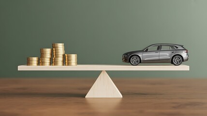 Gold coins versus car on balance scale stacks of coins