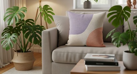 A cozy living room with a modern pastel pillow on a sofa, surrounded by lush Monstera plants.