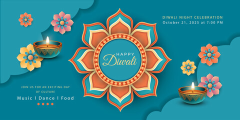 Diwali festive trendy banner with decorative mandala and paper cut decor