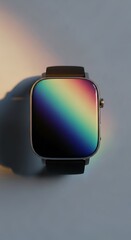 A modern smartwatch with a vibrant rainbow display and a dark strap, casting a soft shadow on a light gray surface.