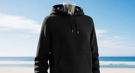 A black hoodie with a hood and a pocket, displayed on a mannequin, with a beach background.