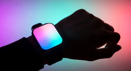 Silhouette of a hand wearing a smartwatch with a colorful, glowing display against a vibrant background.
