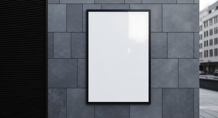 Blank poster frame on a gray tiled wall near a building.
