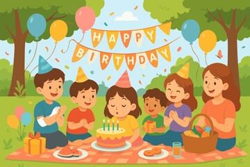 Kids celebrating birthday outdoors with cake, balloons, and happy birthday banner.