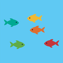 Colourful school of fish. Flat colorful fish on blue tile, aquatic pattern, playful design.