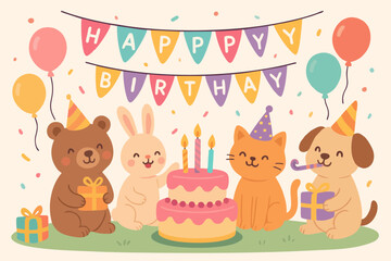 Cute animals celebrating birthday with cake, candles, and party decorations.