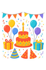 Birthday cake with candles, balloons, and colorful gift boxes.
