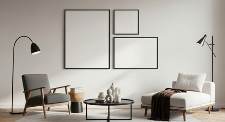 Modern living room with minimalist furniture, including chairs, a chaise lounge, coffee table, and empty picture frames on the wall