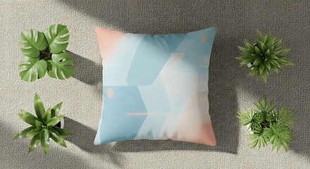 Stylish pillow with abstract design surrounded by potted plants on a textured surface.