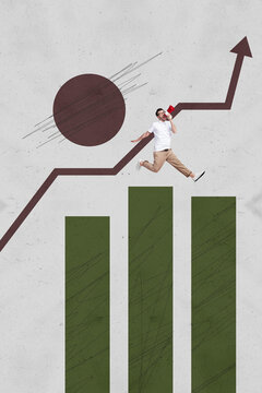 Collage with person observing rising arrow symbolizing startup growth business income statistics trading decrease increase