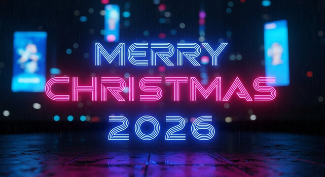Merry Christmas 2026 Neon Sign in a Futuristic Cyberpunk Cityscape.