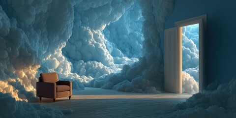 Step through an open door into a surreal dreamscape of soft, luminous clouds offering peace and limitless possibility