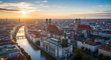 Munich Germany Cityscape Aerial View During Golden Hour.