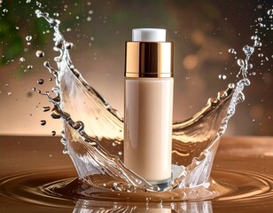 波紋と水しぶきに包まれた化粧水ボトルと高級感あるスキンケアデザイン｜化粧水,コスメ,美容,水,清涼感