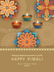 Diwali Poster Template with Diya lamps and rangoli pattern. Paper colorful graphic of Indian holiday design. The Festival of Lights