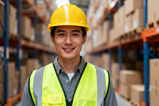 Warehouse worker wearing safety helmet and high-visibility vest in a storage facility