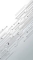 Abstract technological background featuring a complex digital circuit board pattern with connecting lines and dots on a white and grey gradient.