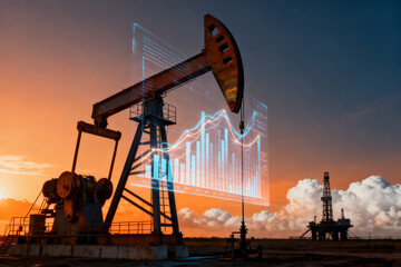 Oil pumpjack at sunset with overlaid energy price graph