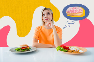 Art sketch 3d image full collage of minded girl sit table think decision burger vs meat rice sweet...