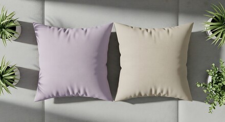 Two decorative throw pillows, one lavender and one beige, are placed on a gray tufted sofa, surrounded by lush green potted plants.