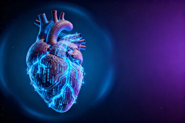 Digital representation of a human heart with glowing neural pathways and circuitry, set against a dark cosmic background.