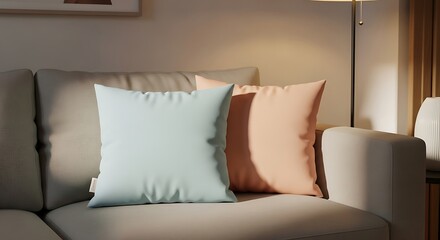 Two square pillows, one light blue and one peach, on a beige sofa.