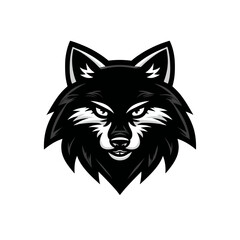 Obraz premium Wolf face, black fur, white face details, focused gaze, sharp features