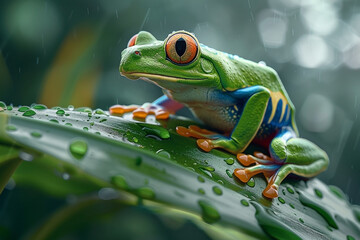 Naklejka premium Exotic tree frog perched on a lush, wet leaf in a vibrant rainforest scene captured under soft light