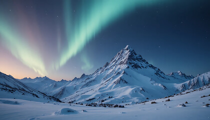 Snowy mountain with northern lights in the night sky