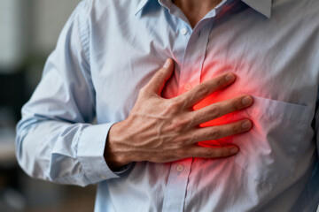 Obraz premium Man holding chest with red glow indicating heart pain or discomfort