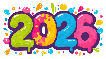 Celebratory happy new year 2026 graffiti text with colorful font. This joyful holiday illustration graphic design shows fun greeting on white background for an event