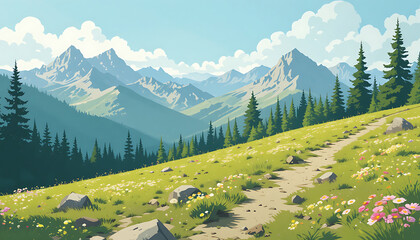 Sunny alpine meadow with distant mountain range