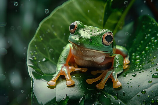 Exotic green tree frog perched gracefully on a leaf with raindrops glistening on the surface