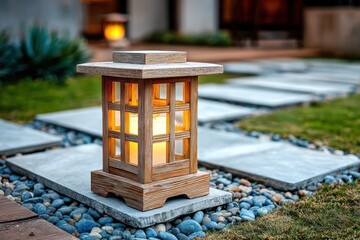 A wooden lantern lights up a pathway covered with stones, creating a calm atmosphere in a garden at dusk