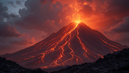 Erupting volcano with glowing lava at night