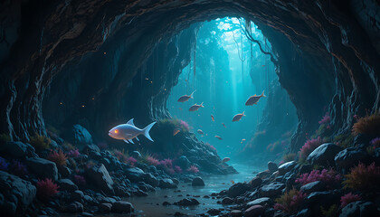 Underwater cave with tropical fish and glowing light