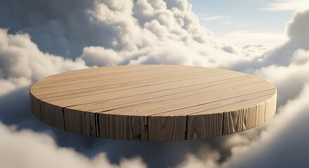 Wooden platform in the clouds, product display stand, presentation stage.