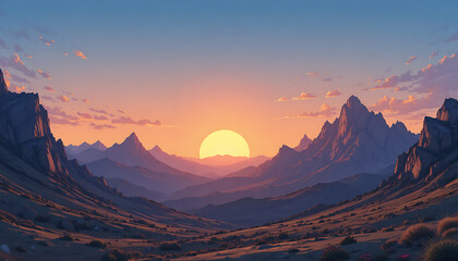 Sunset valley between rugged mountains