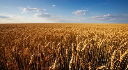 Golden wheat field under a vast blue sky at sunset.