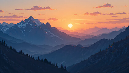 Warm sunset over distant mountain range