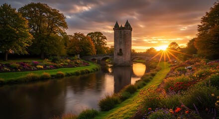 Sunrise over medieval tower and canal