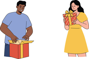 Cartoon Lifestyle Icons Featuring Gift Giving and Receiving Moment, Joyful Mood, Celebration Theme, and Festive Interaction Scene with Presents