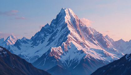 Glowing sunset on snowy mountain summit