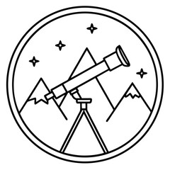 Telescope and Mountain Range Line Art Logo for Astronomy and Outdoor Exploration Enthousiasts