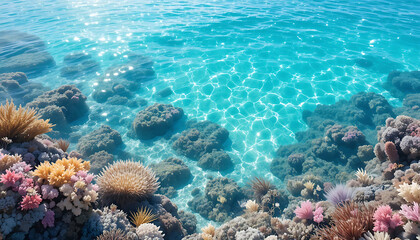 Clear tropical sea with coral reef and sunlight