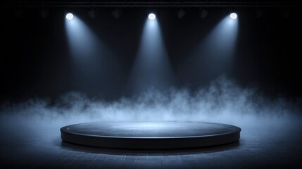 Obraz premium Dark - toned Product Display Platform with Circular Lights and Smoke Effects, for Product Display and Stage Scenarios