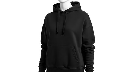 Black oversized hoodie with a drawstring hood and front pocket, displayed on a white mannequin, suitable for casual wear.