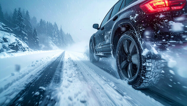 雪山道路を力強く走るスタッドレスタイヤ装着車イメージ &ndash; Car Driving Confidently on Snowy Mountain Road with Close-Up on Studless Tires